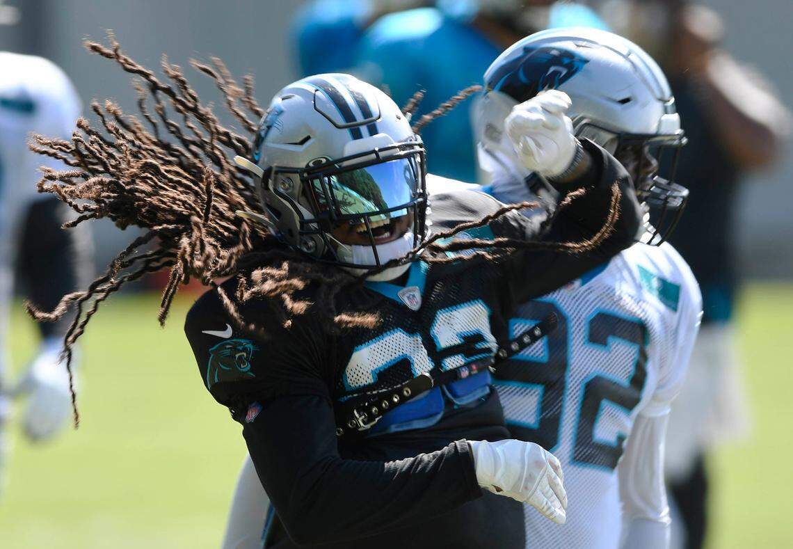 Carolina Panthers safety Tre Boston (33) celebrates a defensive play during Carolina Panthers training camp on Tuesday, August 18, 2020.