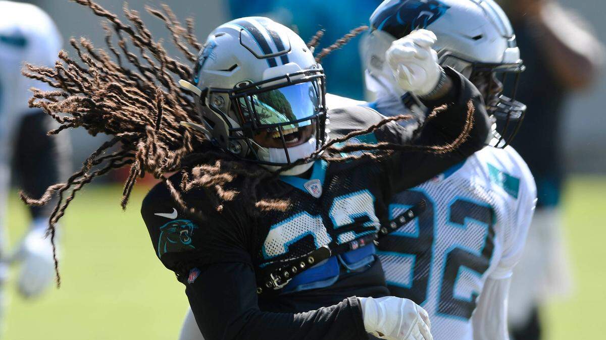 Carolina Panthers safety Tre Boston (33) celebrates a defensive play during Carolina Panthers training camp on Tuesday, August 18, 2020.