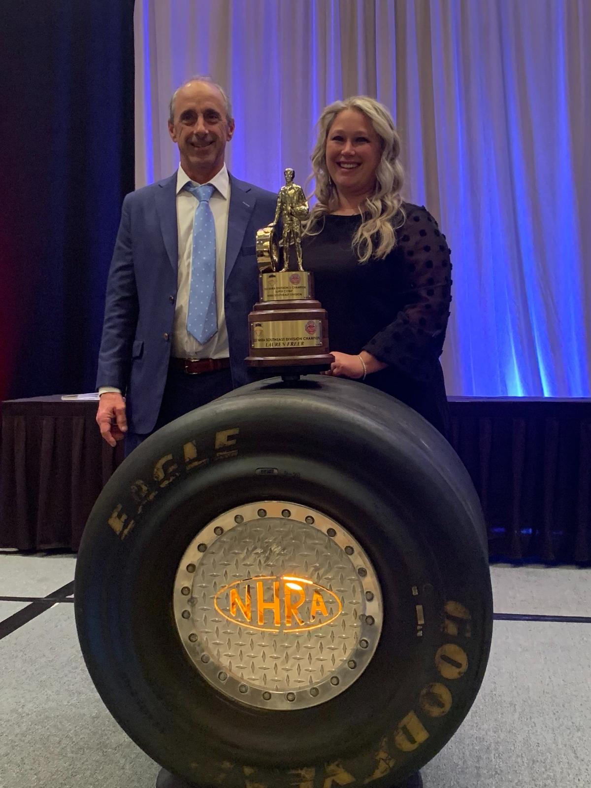 Paul and Lauren Freer, photographed in January 2023 after Lauren was crowned 2022 NHRA Southeast Division Champion.