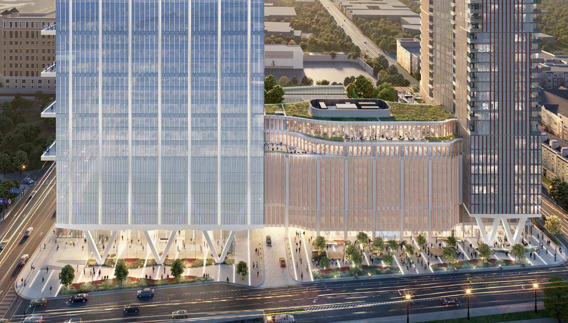 Riverside Investment and Development’s Queensbridge Collective project will include a 42-story residential tower with rooftop pickleball courts.