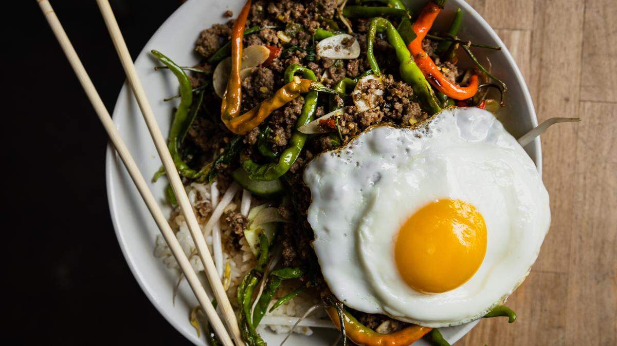 Xiao Bao brings Southeast Asian flavors to Optimist Hall, with dishes including this Hungry in LA Pad Kra Pow.