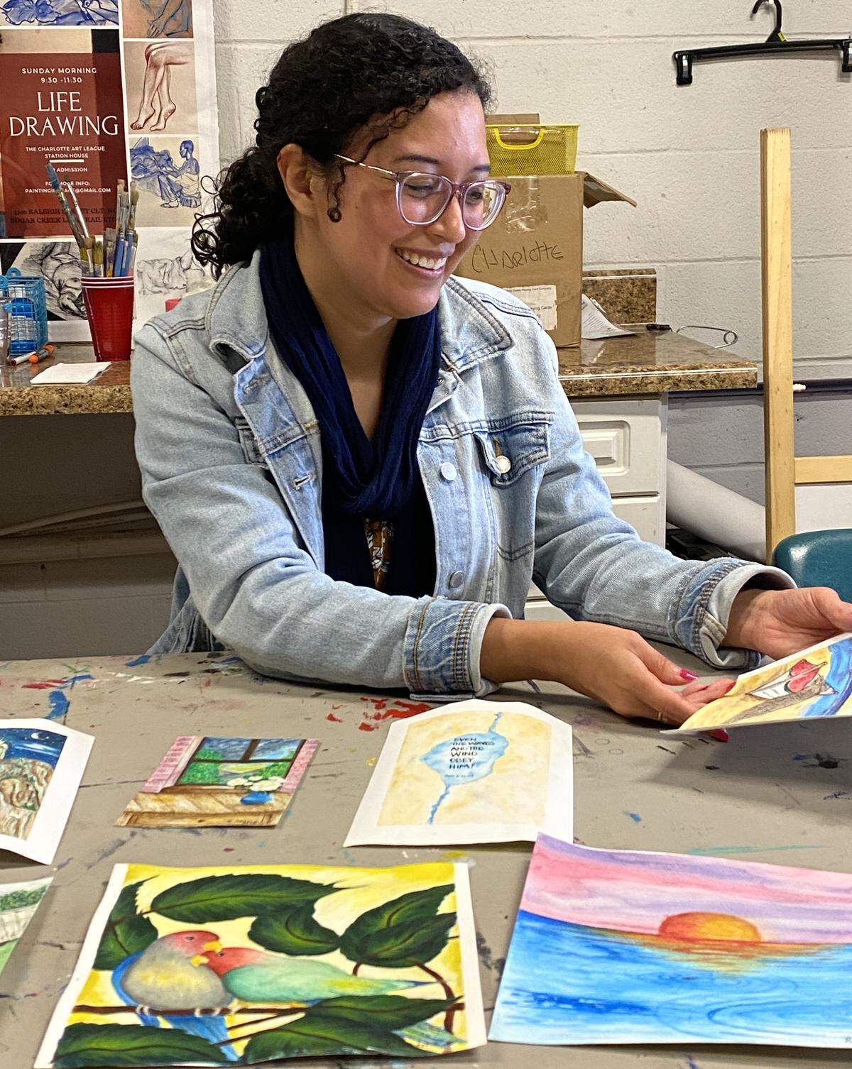 Emerging Charlotte artist Rosa Renteria Jimenez paints with watercolors and acrylics. Born in Mexico, she likes bright colors like those she remembers seeing her grandfather’s kitchen in Mexico.