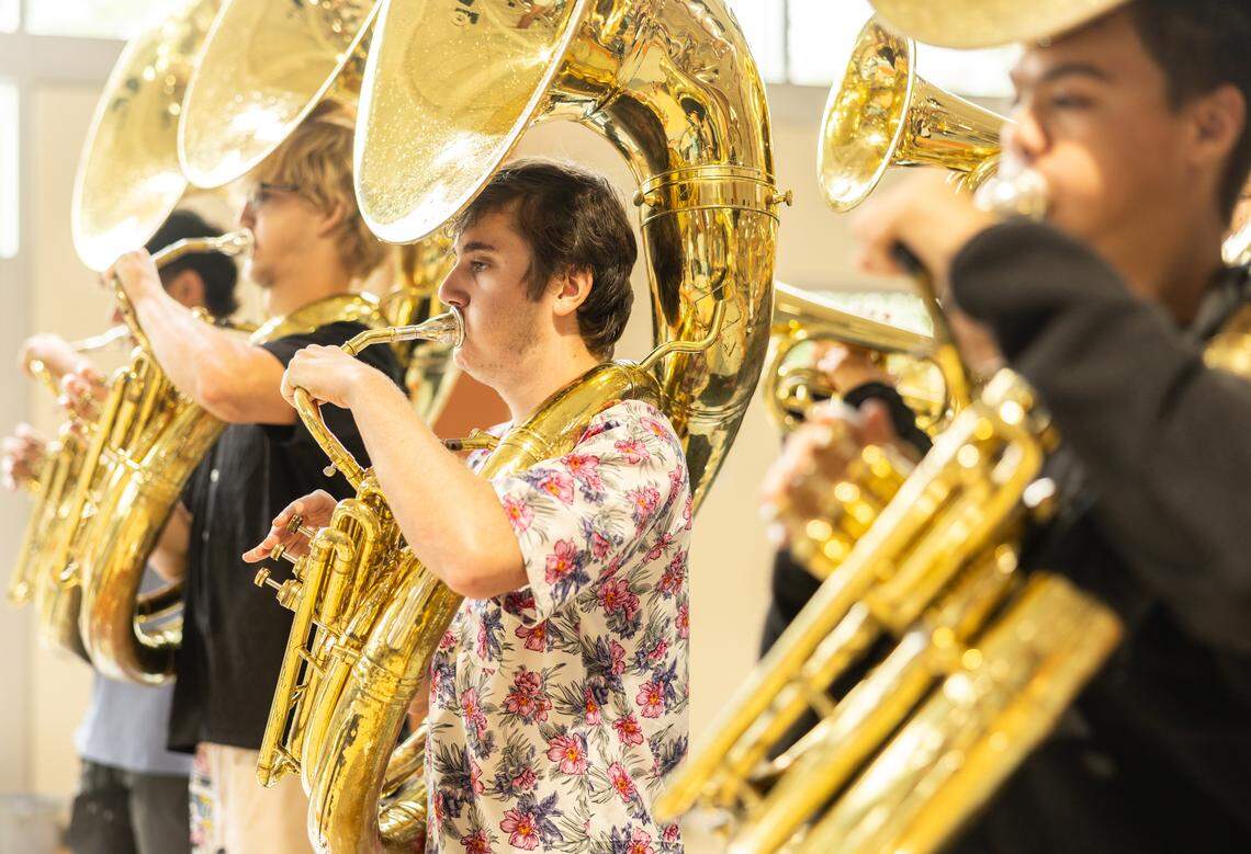 The Ardrey Kell marching band practices during band camp at Ardrey Kell High School in Charlotte, N.C., on Wednesday, August 6, 2025.