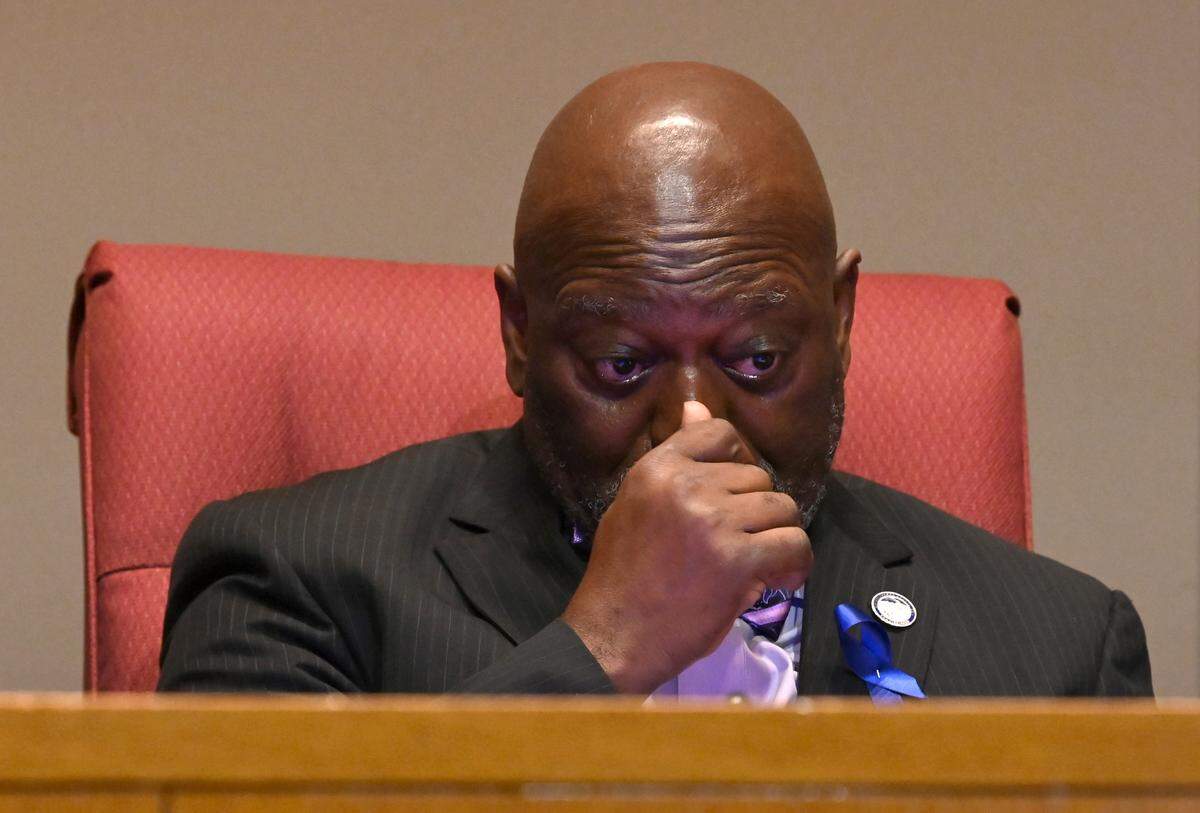 George Dunlap’s eyes water as he remembers Commissioner Ella B. Scarborough who passed away on on Tuesday, May 24, 2022. Dunlap is Chairman of the Board, Mecklenburg County Commission.