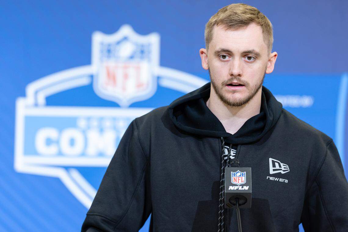 Georgia Tech Yellow Jackets quarterback Haynes King speaks to the media during the 2026 NFL Draft Combine at the Indiana Convention Center on Feb. 27, 2026 in Indianapolis, Indiana. (Photo by Michael Hickey/Getty Images)