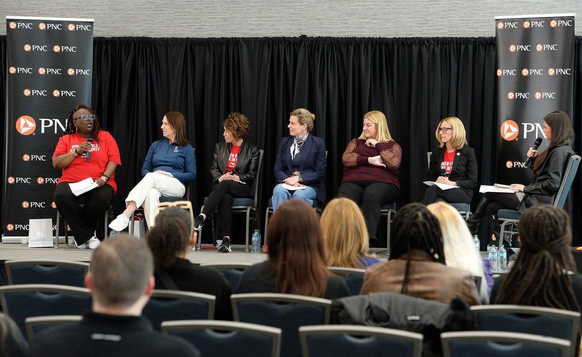 (from left) Shawn Coston, Charlotte Regional Visitors Authority, Jocyln Balanda, PNC Bank, Mary Grams, Charlotte Checkers VP, Heather McCullough, Society 54 co-founder, Donna Perkins, PNC Bank and Tera Black, Charlotte Checkers COO, took part in a panel discussion marking International Women’s Day at Bojangles Coliseum on Saturday, Mar. 8, 2025.
