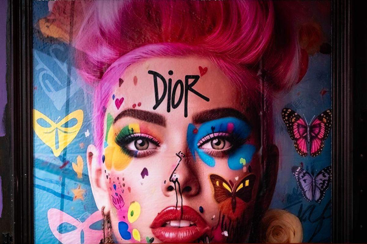 A colorful, modern portrait of a person with bright pink hair and butterfly-themed makeup. The word “Dior” is written on the subject’s forehead.