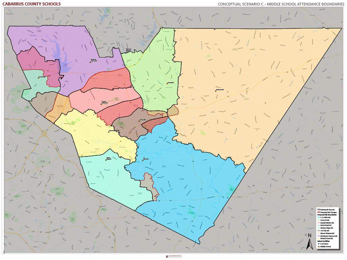 This map shows proposed changes to Cabarrus County middle school boundaries under ‘scenario C,’ which was recommended to the school board on Tuesday. Areas marked with red lines show how attendance lines would change compared to the black lines where borders currently sit.