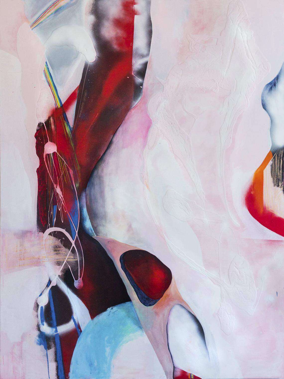 This work, titled Burnt Bubblegum, was done by Katherine Boxall in 2018. It’s acrylic, chalk and spray paint on canvas.