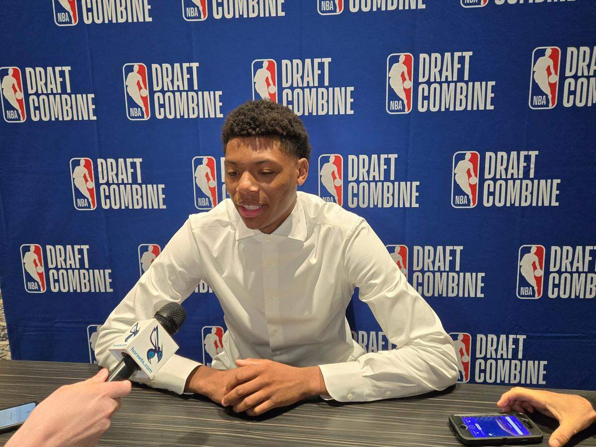 Ace Bailey speaks to the media at the 2025 NBA Draft Combine in Chicago.