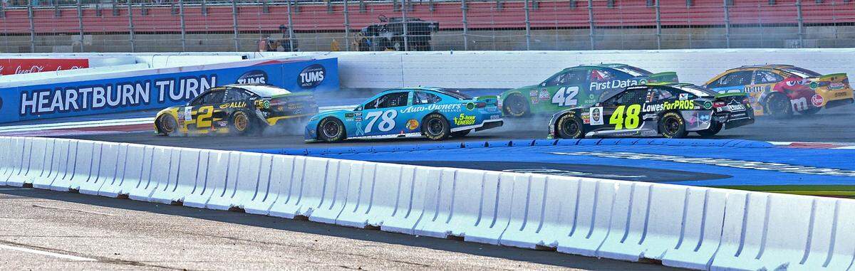 Several NASCAR drivers, including then-leader Brad Keselowski (2), were involved in a huge wreck with less than 10 laps to go in Sunday’s inaugural Bank of America ROVAL 400.