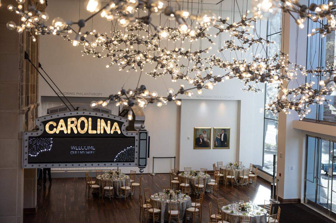 The light installation by Spencer Finch titled, “The Brain is Wider Than the Sky” hangs above guests in the renovated and reopened Carolina Theatre.