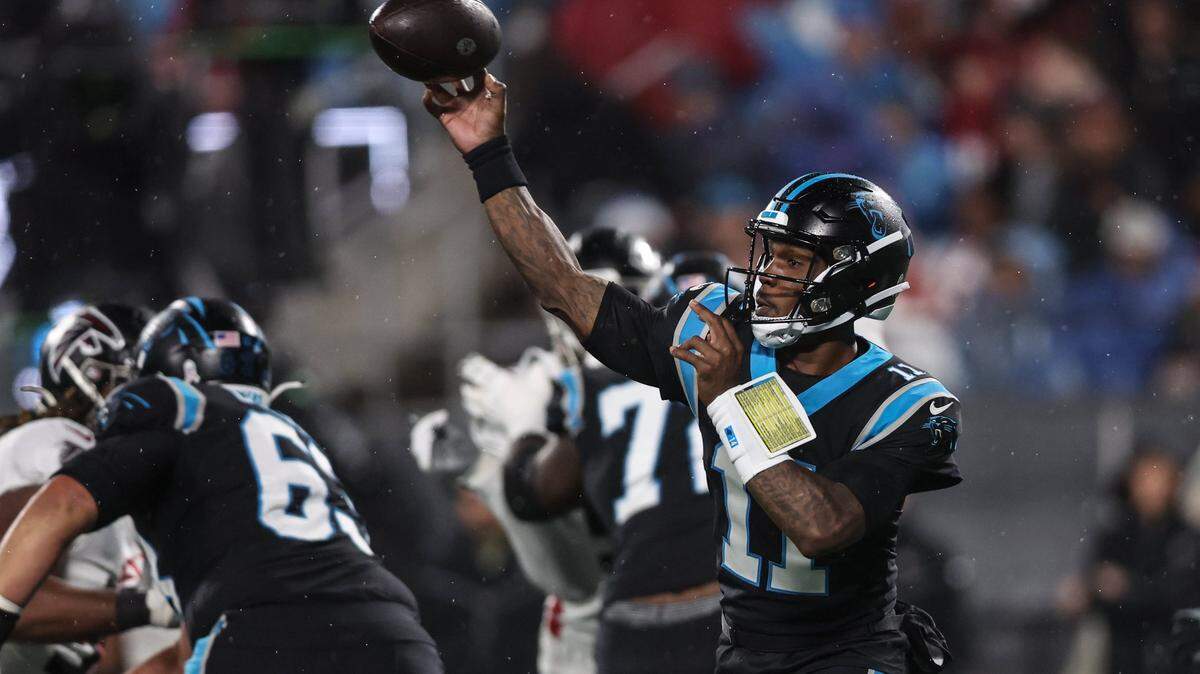 Carolina Panthers quarterback PJ Walker makes a pass against the Atlanta Falcons on Thursday, November 10, 2022.