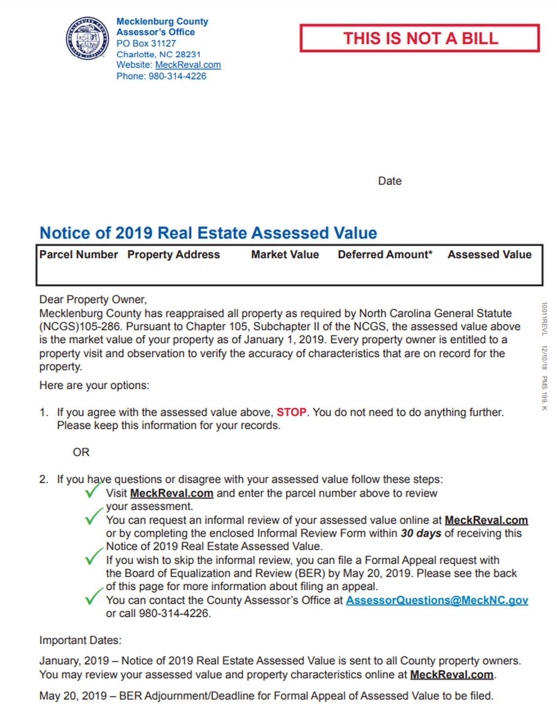 A sample of a notice sent out to taxpayers in 2019 detailing their real estate assessed value. Mecklenburg County is finalizing its 2023 property revaluation. The assessor’s office expects to send out notices at the end of January.
