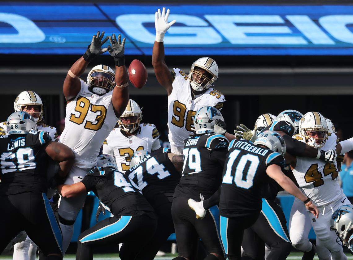 New Orleans blocked Carolina’s lone field-goal attempt on Sunday, Nov. 9, 2025, in Charlotte. 