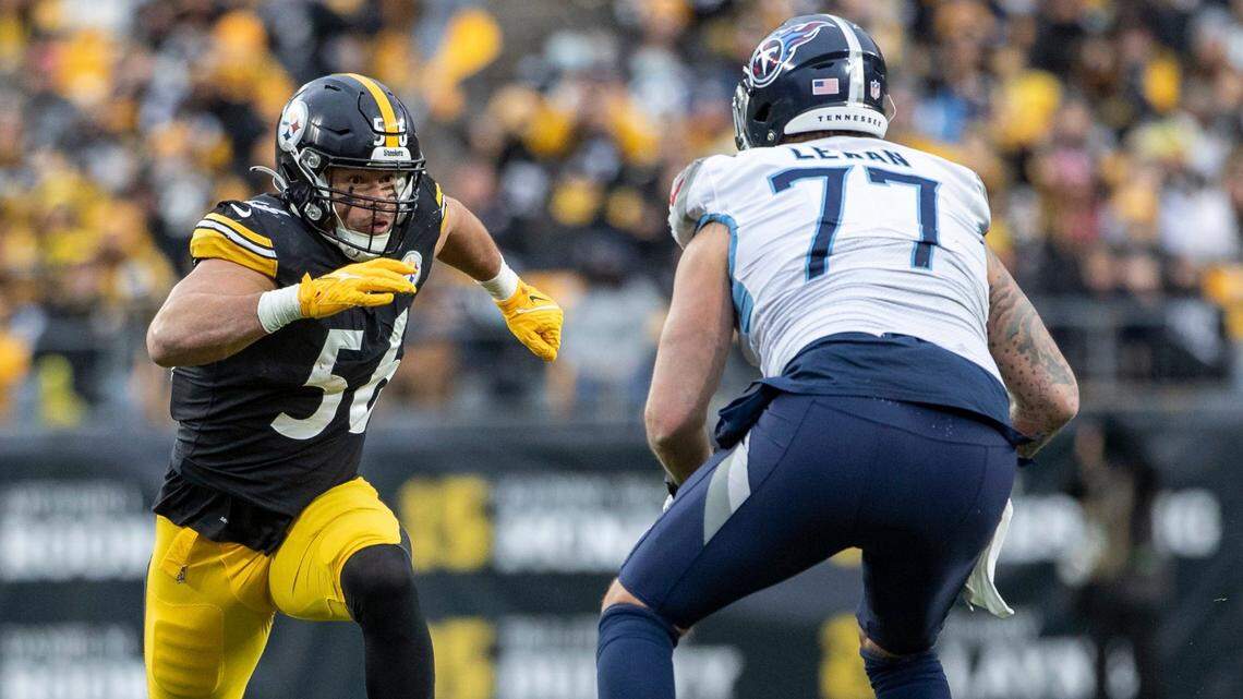 Pittsburgh Steelers outside linebacker Alex Highsmith (56) rushes against Tennessee Titans offensive tackle Taylor Lewan (77) during an NFL football game, Sunday, December 19, 2021 in Pittsburgh. (AP Photo/Matt Durisko)