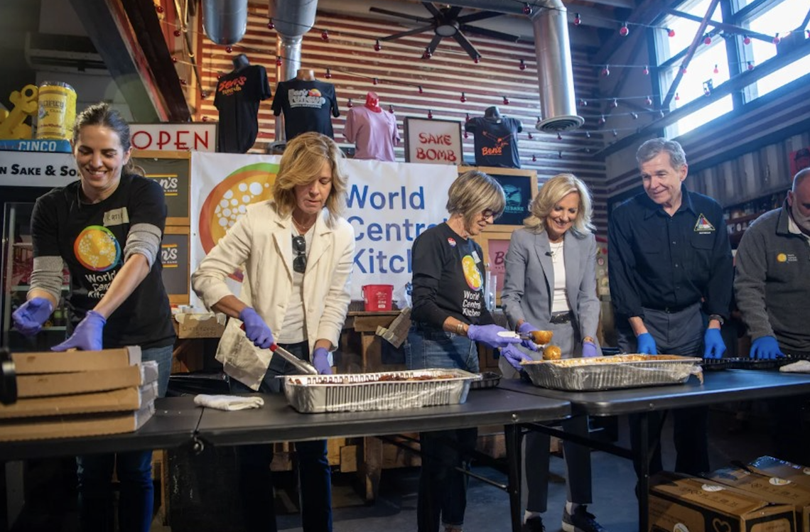 First lady Jill Biden and North Carolina Gov. Roy Cooper visit Cúrate to help with World Central Kitchen relief efforts.