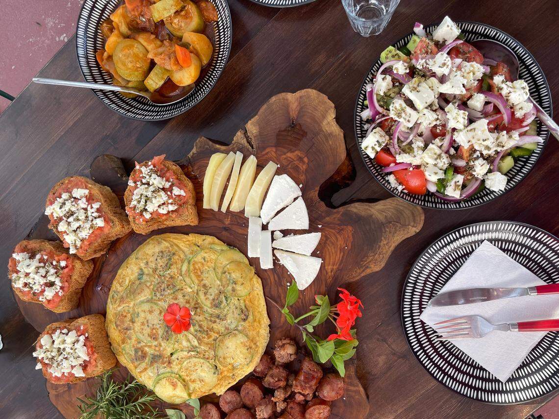 A traditional Greek taverna spread.