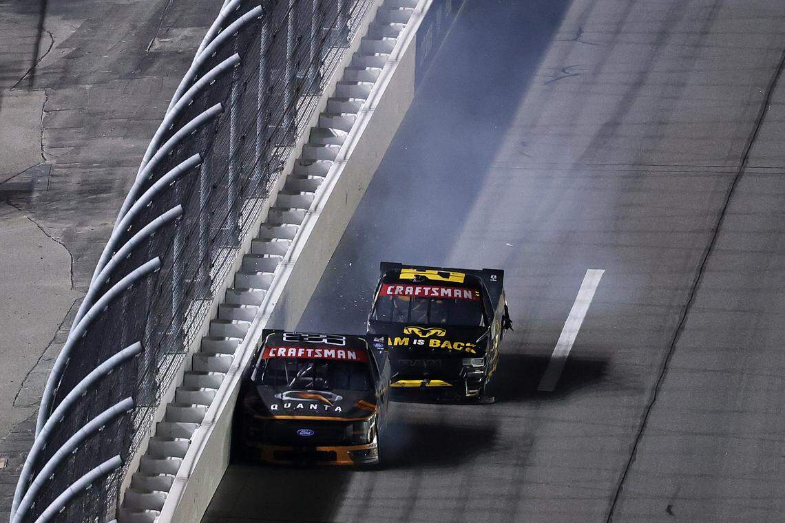 Jake Garcia, driver of the No. 98 Quanta Services/Curb Records Ford, and Tony Stewart, driver of the No. 25 Ram RAM, spin after an on-track incident during the NASCAR Craftsman Truck Series Fresh from Florida 250 at Daytona International Speedway on Feb. 13, 2026 in Daytona Beach, Florida.