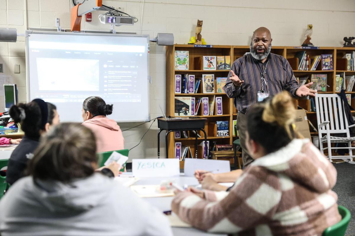 Michael Hayes teaches an English as a second language class at Hidden Valley Elementary in Charlotte, N.C., on Thursday, February 2, 2023.