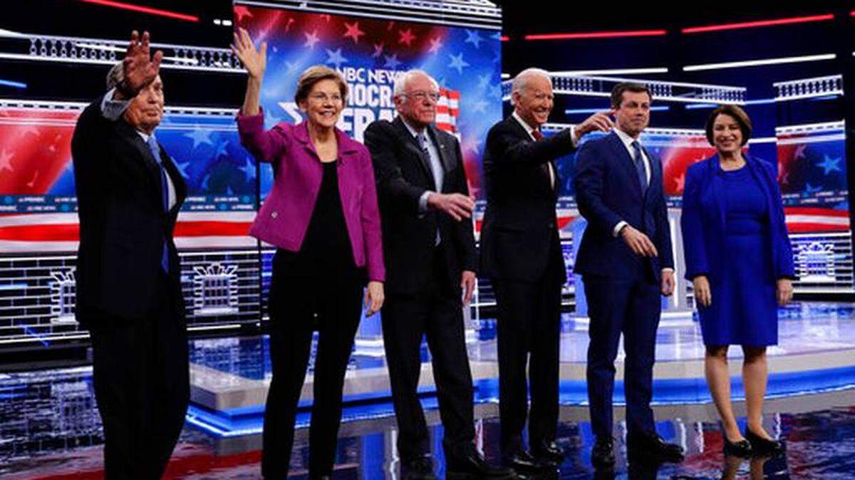 Candidates Mike Bloomberg, Elizabeth Warren, Bernie Sanders, Joe Biden, Pete Buttigieg, and Amy Klobuchar on stage before the Feb. 19 Democratic presidential primary debate.