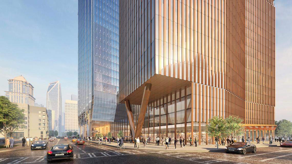 A Chicago developer released fresh renderings for a $750 million project to bring three buildings with a mix of commercial and residential uses to a prominent intersection leading from uptown to South End.