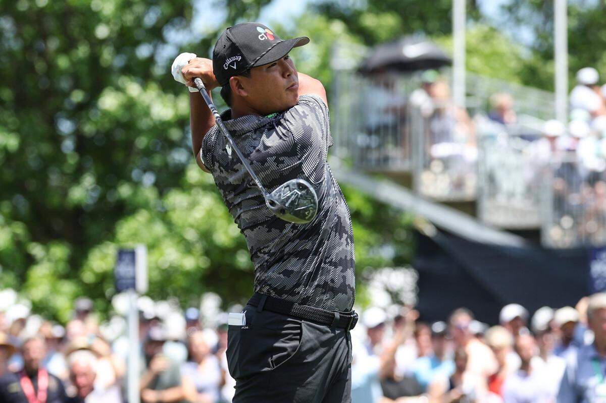 Si Woo Kim hits from the first tee box during the third round of play of the PGA Championship at Quail Hollow Club in Charlotte, NC on Saturday, May 17, 2025.