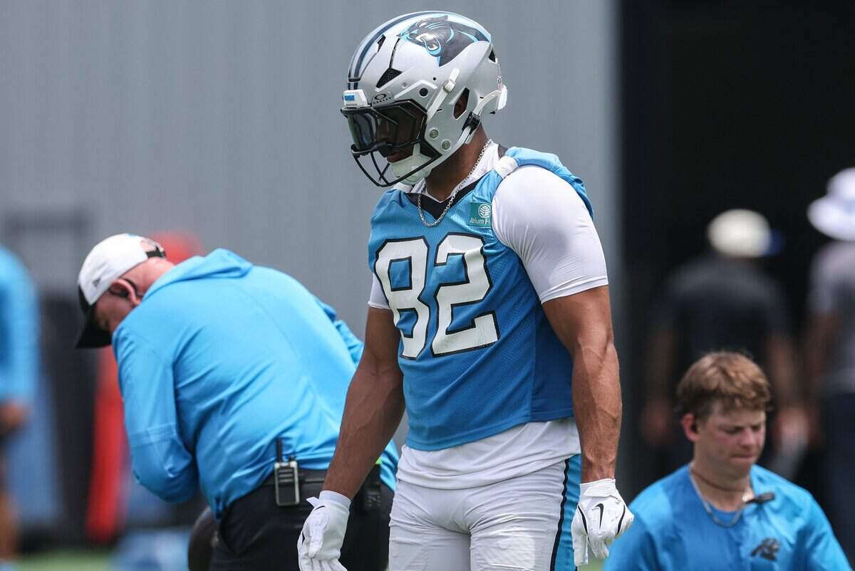 Panthers tight end Tommy Tremble practices during mandatory minicamp in Charlotte on Tuesday, June 9, 2026.