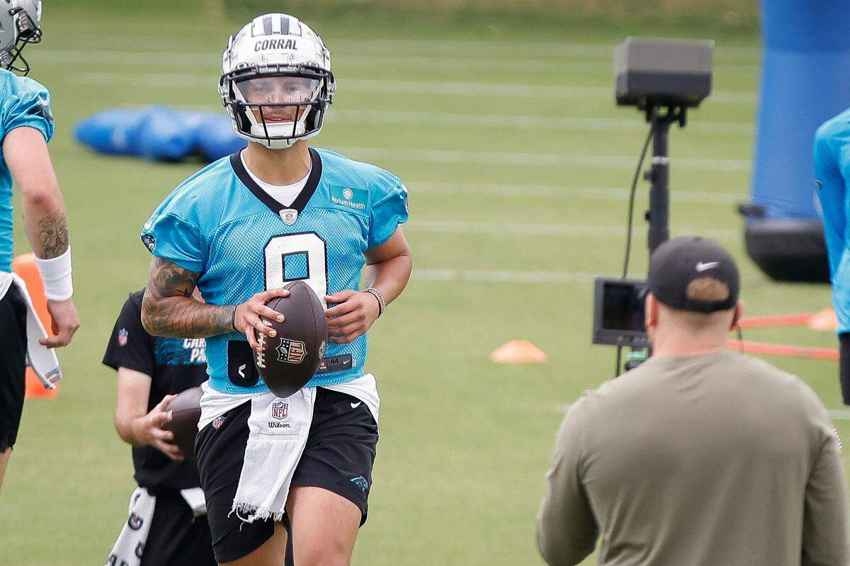 Carolina Panthers quarterback Matt Corral (9) runs drills during rookie minicamp at the Panthers practice field in Charlotte, N.C., Friday, May 13, 2022.