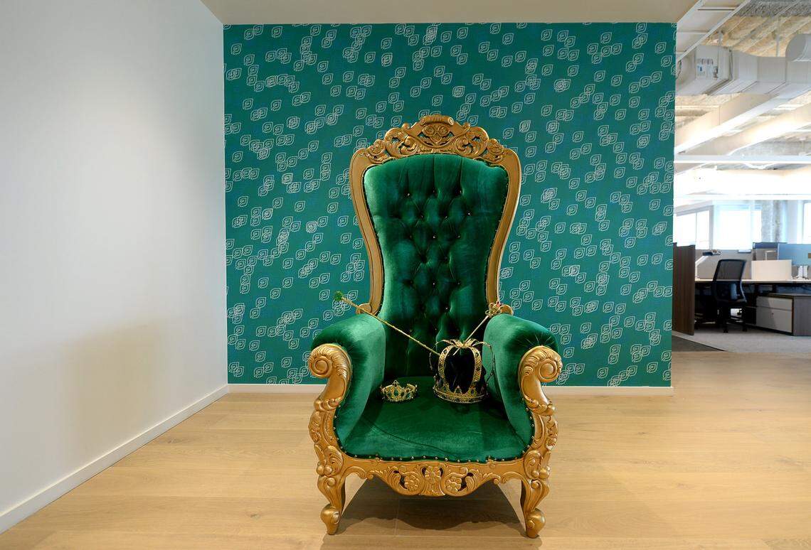 The new LendingTree headquarters features an Instagram area for employees that includes a large chair with crowns to wear.