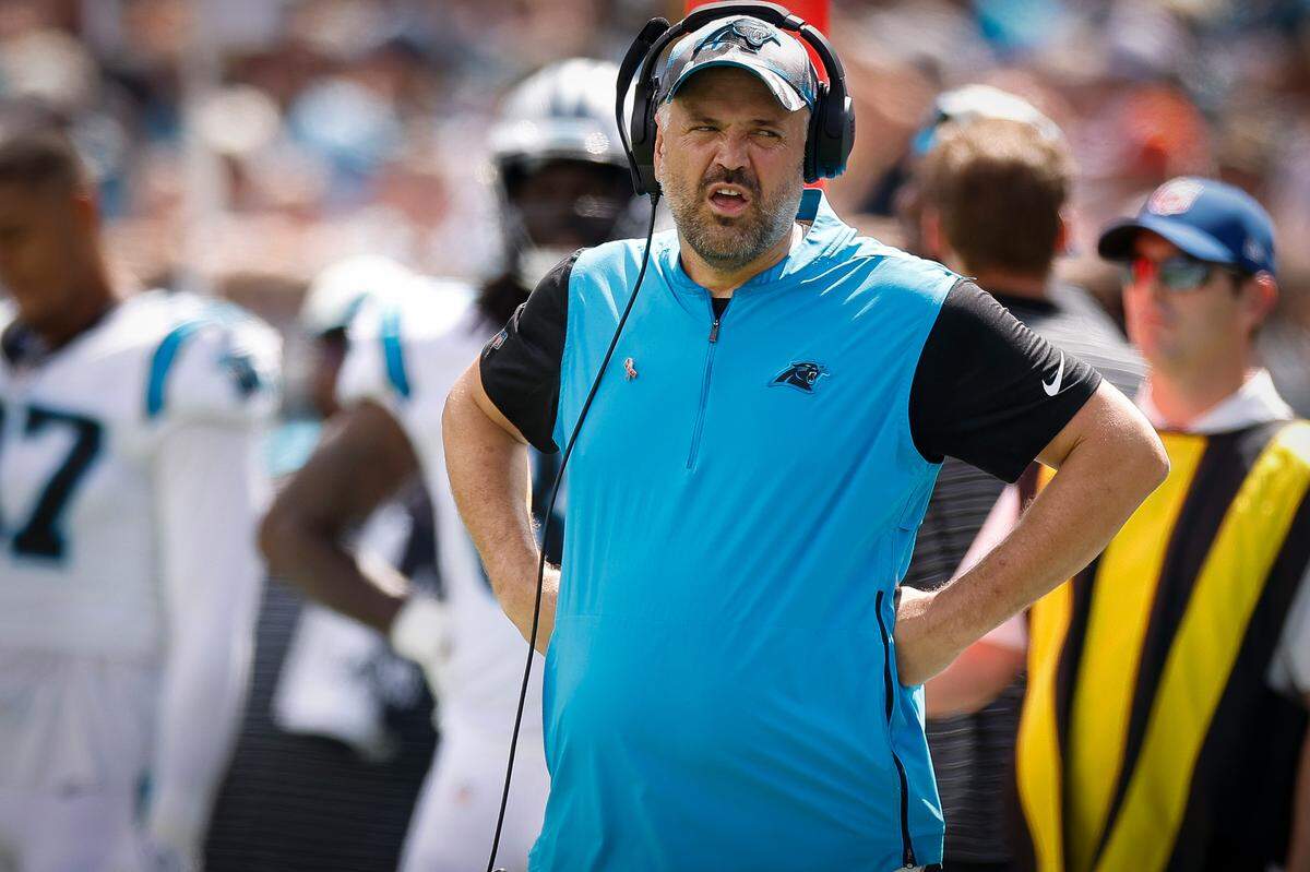 Carolina Panthers head coach Matt Rhule reacts to a call during a game against the Cleveland Browns at Bank of America Stadium in Charlotte, N.C., Sunday, Sept. 11, 2022.