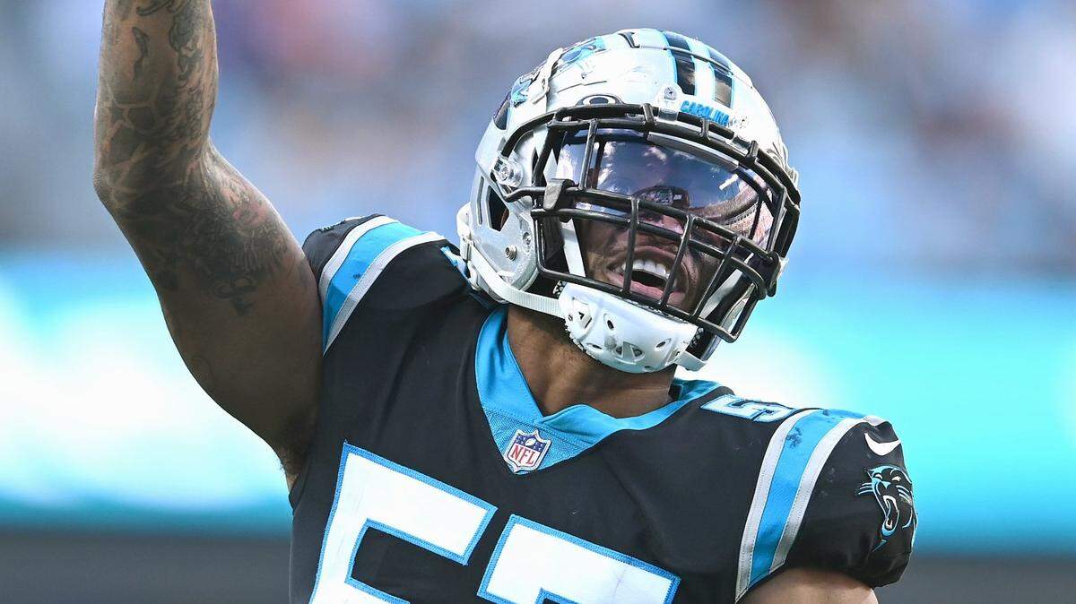 Carolina Panthers linebacker Damien Wilson celebrates teammate and defensive back T.J. Carrie’s recovery of a Denver Broncos fumble during second half action on Sunday, November 27, 2022 at Bank of America Stadium in Charlotte, NC. The Panthers defeated the Broncos 23-10.