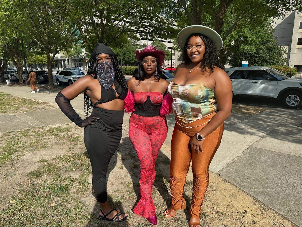 (From left to right) Kelyn Maynard, Rhonda K Bryant and Tiffany Bryant are at Bank of America to see Beyoncé on Wednesday, August 9, 2023.
