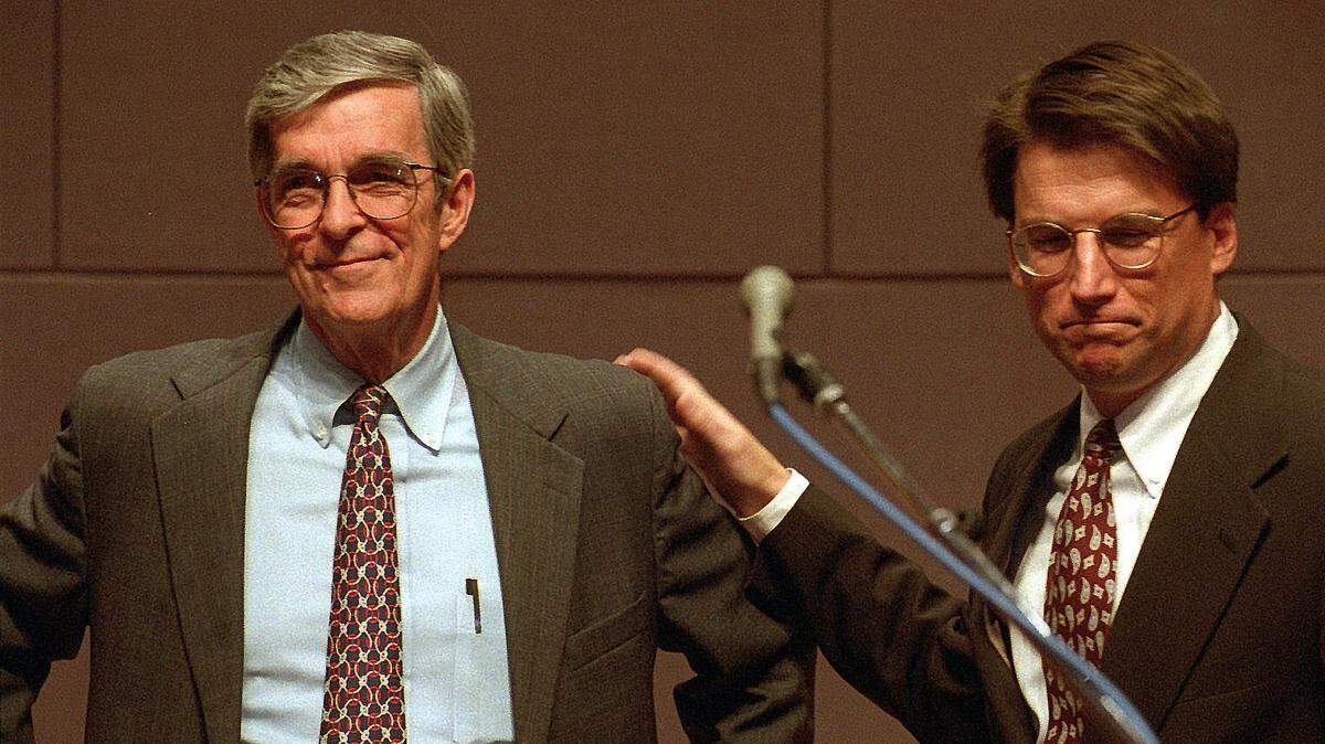 Charlotte Mayor Pat McCrory (right) announces the retirement of City Manager Wendell White during a news conference in January 1996. White left for a job at the University of Virginia. He died Thursday near Wrightsville Beach at age 90.