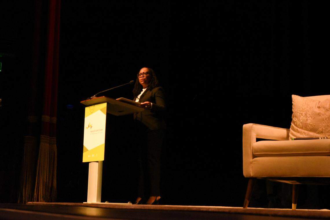U.S. Supreme Court Justice Ketanji Brown Jackson speaks to a sold out crowd at uptown Charlotte’s Carolina Theatre on Thursday, Sept. 4, 2025.