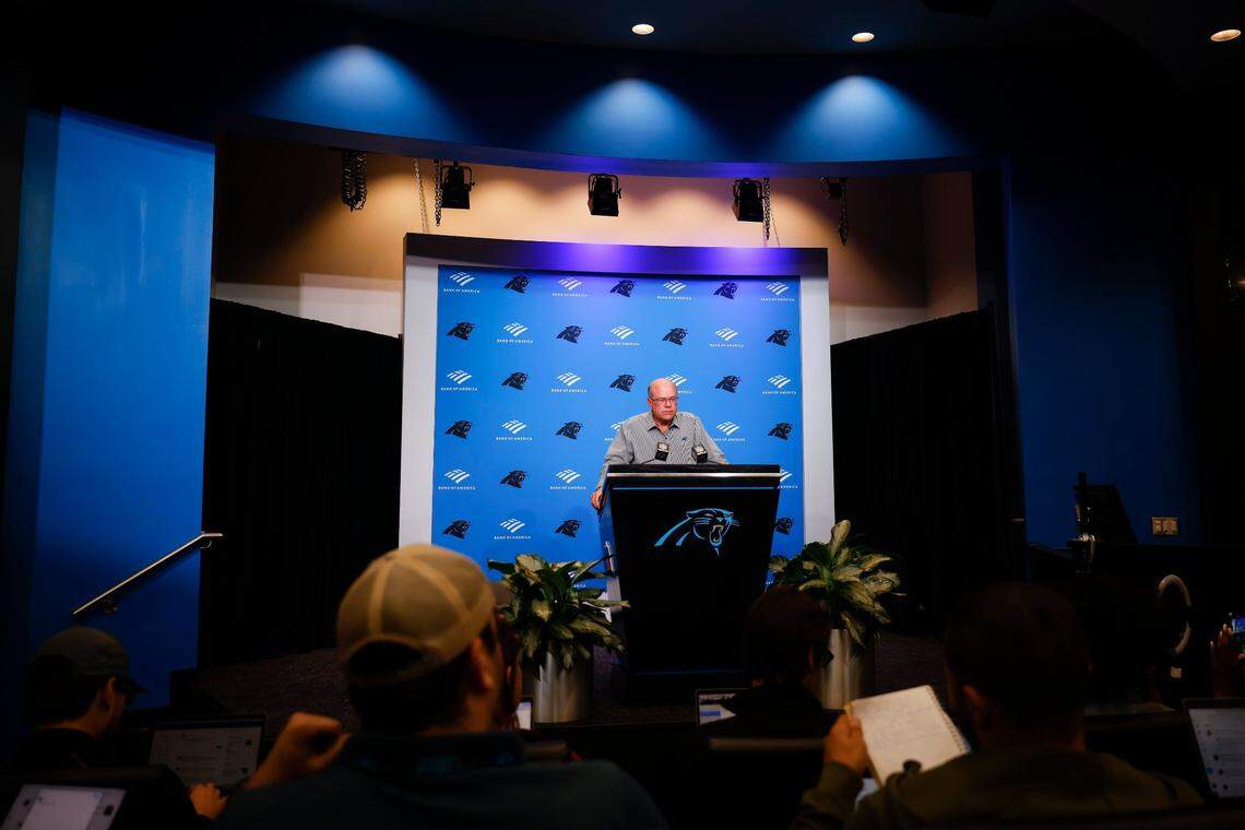 Carolina Panthers owner David Tepper takes questions during a press conference at Bank of America Stadium in Charlotte, N.C., Monday, Oct. 10, 2022. Tepper fired Panthers head coach Matt Rhule on Monday.