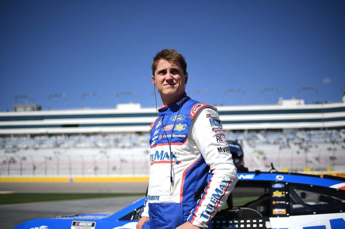 Mar 15, 2025; Las Vegas, Nevada, USA; NASCAR Cup Series driver Zane Smith (38) during qualifying for the Pennzoil 400 at Las Vegas Motor Speedway.
