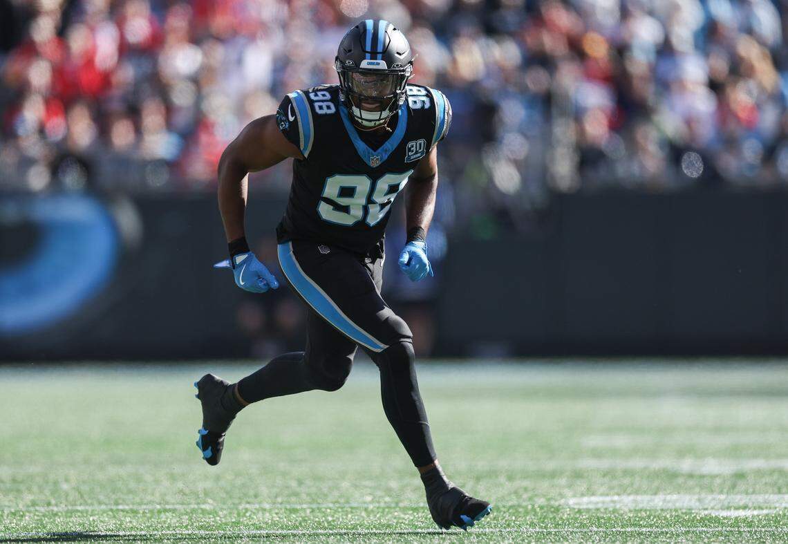 Panthers outside linebacker D.J. Wonnum runs toward the action during the game against the Chiefs in 2024 at Bank of America Stadium.