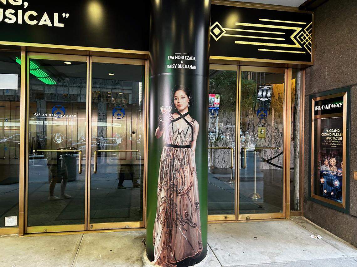 Eva Noblezada is featured outside the Broadway Theatre in New York for her show, “The Great Gatsby,” where she plays Daisy.