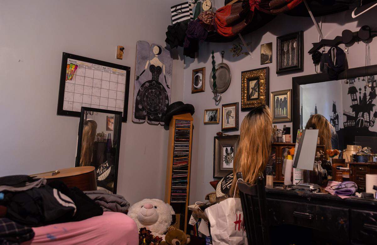 A calendar with “April 2020” written at the top in Mary Collins' room where she lived with her grandmother, Mia Alderman, in Charlotte, N.C., on Wednesday, September 24, 2025.