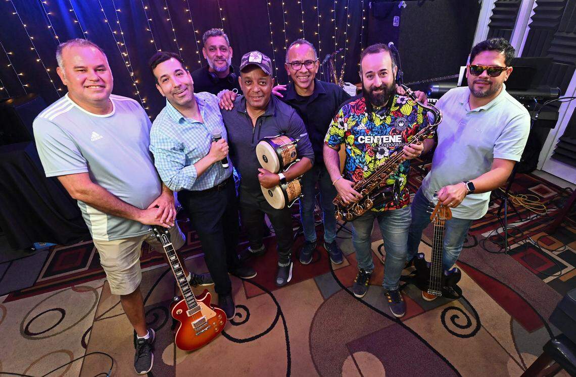 UltimaNota band members, from left. guitarist Tony Arreaza, vocals Fred Figueroa, drums Juan Carlos Genoa, percussion Lueichy Martinez, keyboards Franklin Pire, saxophone Oscar Huerta and bass guitarist Isaac Melendez.