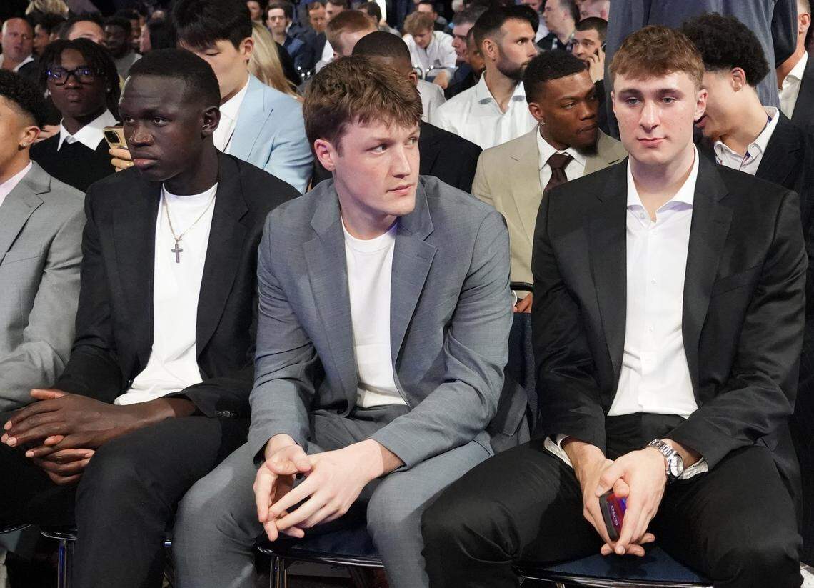 Cooper Flagg, Kon Knueppel,and Khaman Maluach. during the 2025 NBA Draft Lottery at McCormick Place.
