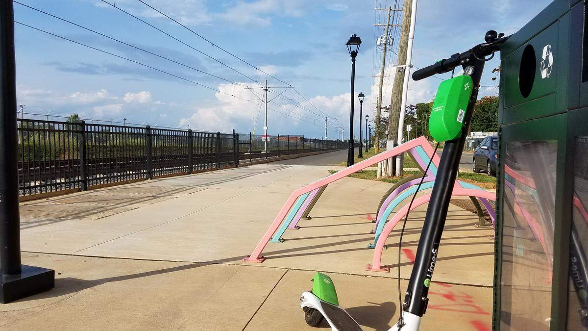 A Lime electric scooter at the Parkwood station is another example of the rapidly changing technology transit agencies are dealing with.