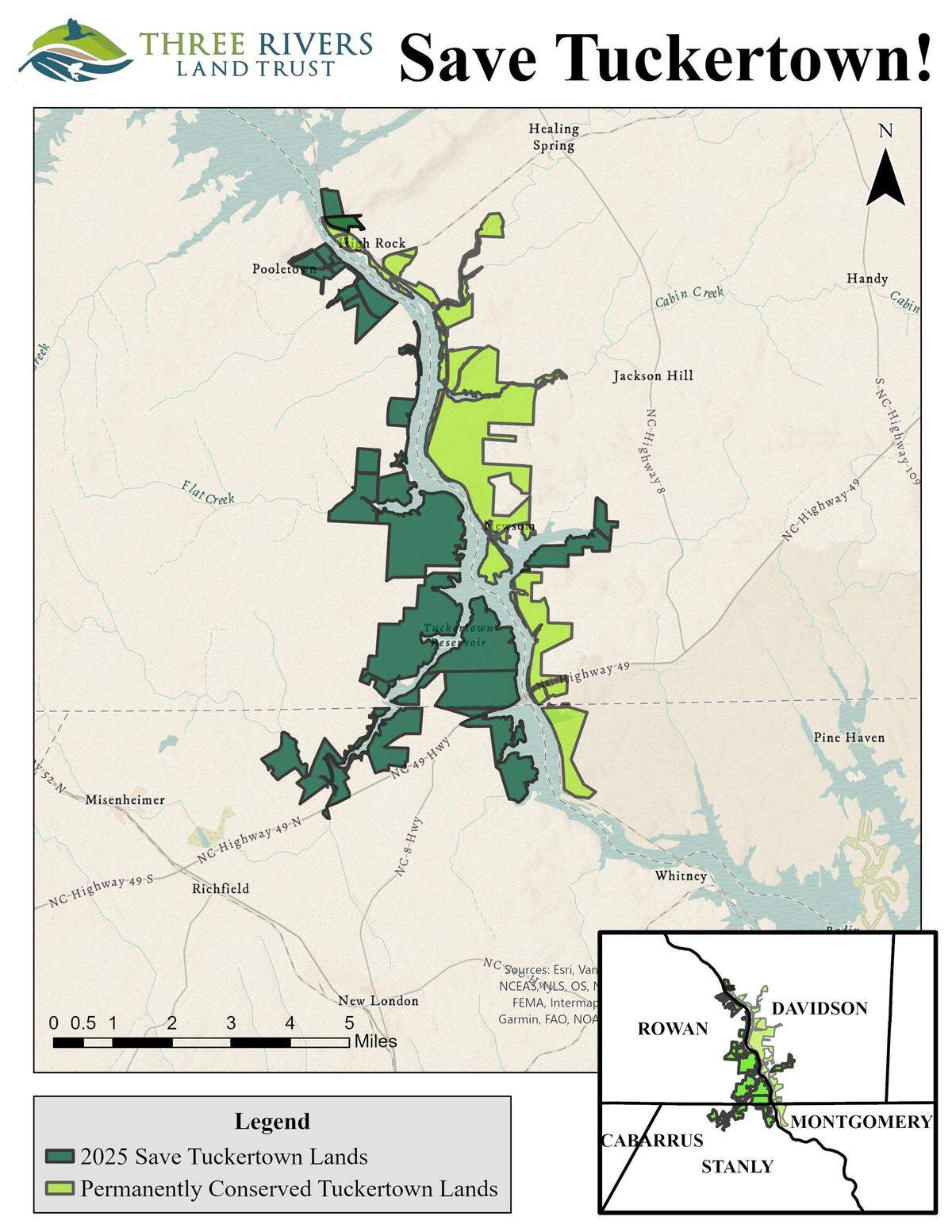 The dark green areas on this map of Tuckertown are for sale, according to Three Rivers Land Trust. The lime green areas have been permanently conserved, trust officials said.
