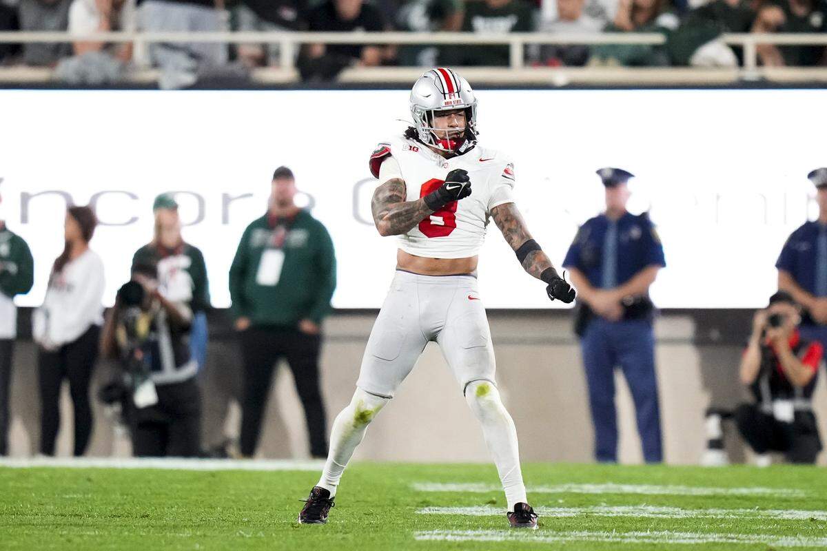 Sep 28, 2024; East Lansing, Michigan, USA; Ohio State Buckeyes safety Lathan Ransom (8) celebrates in the first half at Spartan Stadium on Saturday.