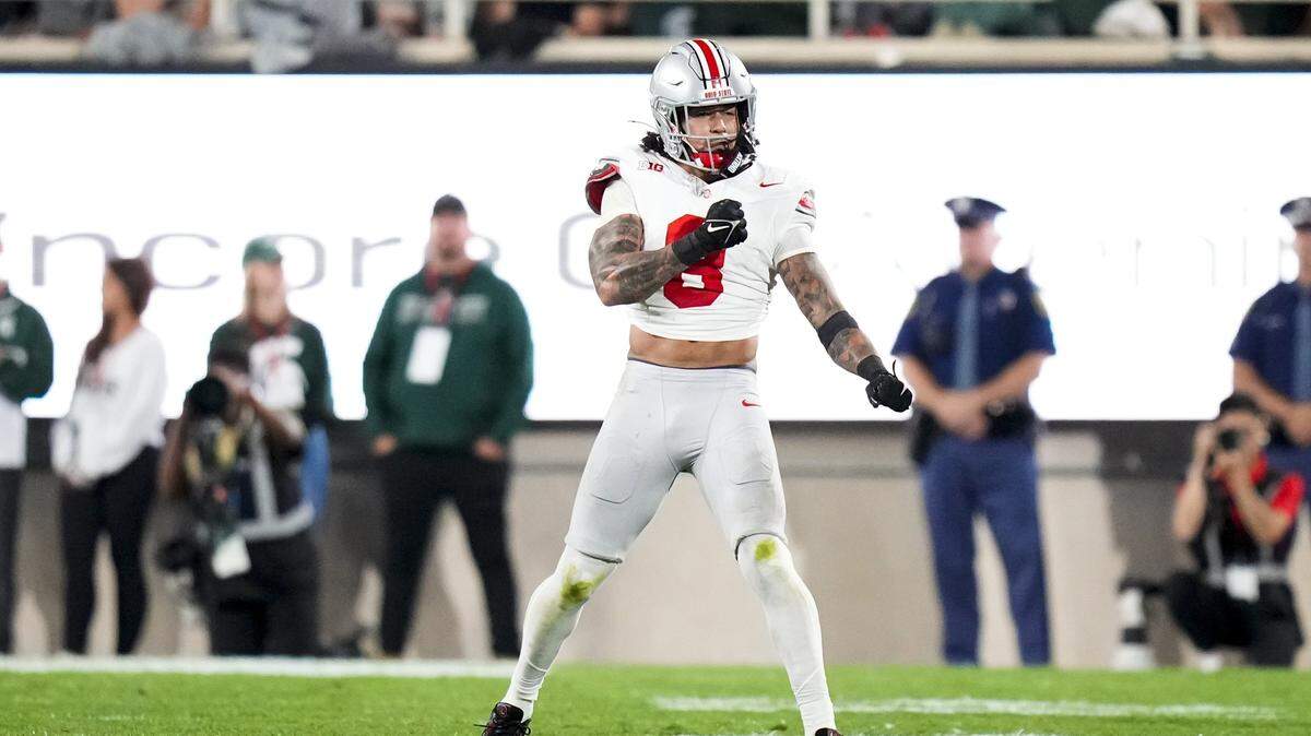 Sep 28, 2024; East Lansing, Michigan, USA; Ohio State Buckeyes safety Lathan Ransom (8) celebrates in the first half at Spartan Stadium on Saturday.
