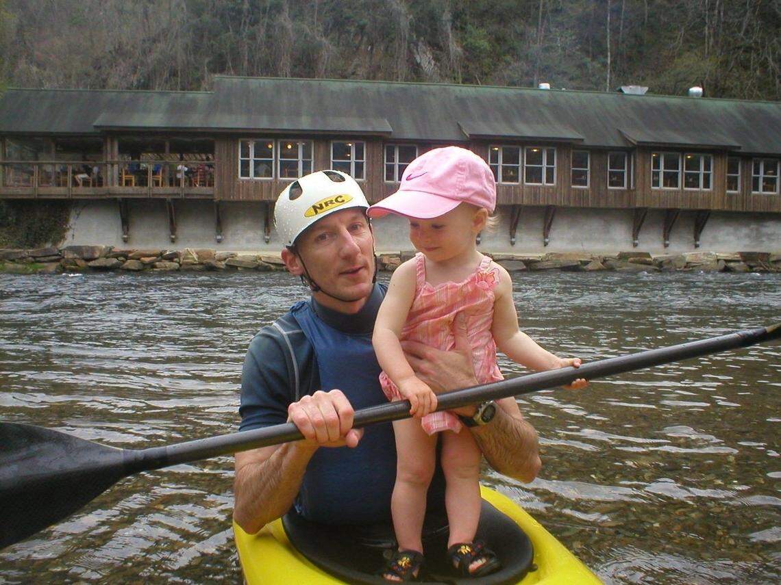 Lee Leibfarth, photographed in a kayak on the river with Evy when she was a toddler.