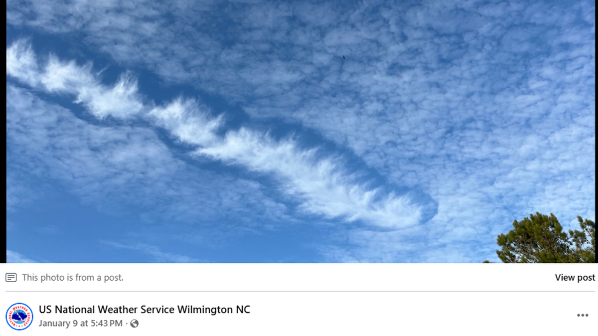 This odd cloud appears over the North Carolina coast and the National Weather Service says it’s a fallstreak. However, conspiracy theorists have other ideas.