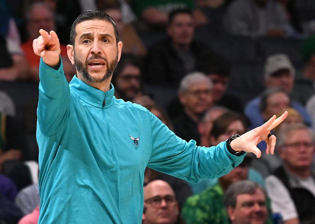 Charlotte Hornets head coach James Borrego yells instructions to his team during first-half action against the Boston Celtics at Spectrum Center in Charlotte, NC on Wednesday, March 9, 2022. Boston won, 115-101.