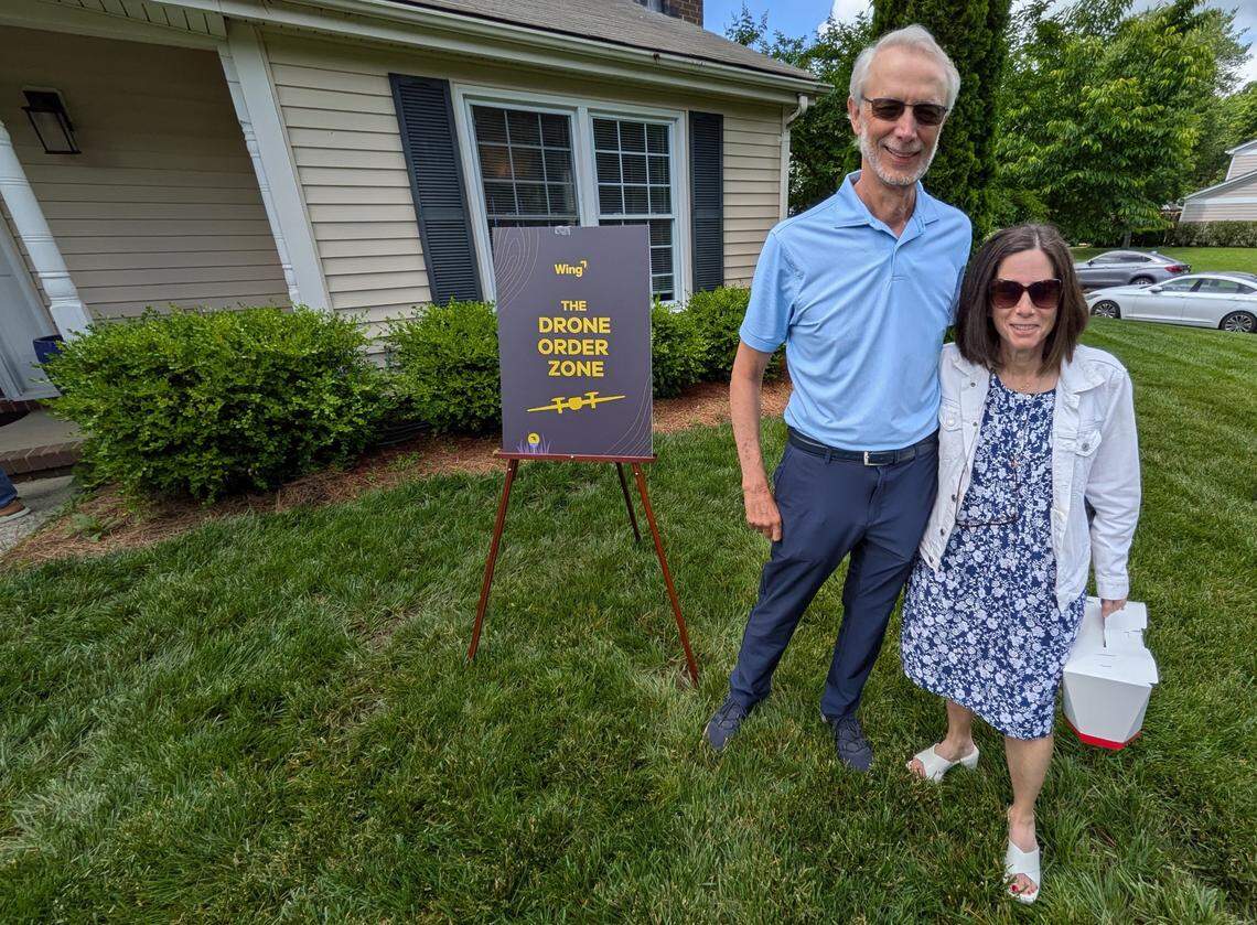 Mark and Amy DeLoach, who own the Lawton Bluff Road home with their three children, drove from Wilmington to see the first drone delivery.